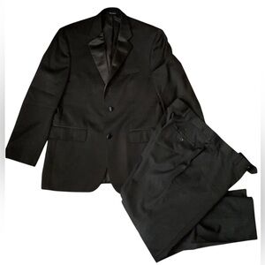 Pronto‎ Uomo Black 100% Wool Two Piece Business Suit Set Blazer 38R Pants 36W.